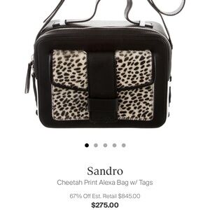 Sandro Alexa Black & White Crossbody Top Handle Leather with animal print